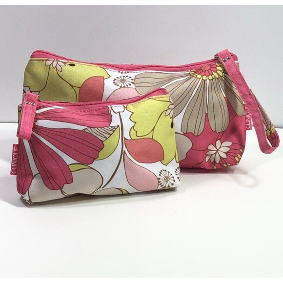 CLINIQUE Floral Print Zip Top Cosmetic Cases 10"x5" & 6"X4" Set of 2 - Picture 1 of 11